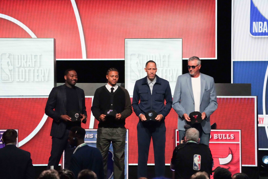 May 10, 2026; Chicago, IL, USA; Washington Wizards former player John Wall, Utah Jazz former player Keynote George, Memphis Grizzlies former player Tayshaun Prince and Chicago Bulls former player Toni Kukoc pose for a photo during the 2026 NBA Draft Lottery at Navy Pier. Mandatory Credit: David Banks-Imagn Images
