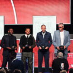 May 10, 2026; Chicago, IL, USA; Washington Wizards former player John Wall, Utah Jazz former player Keynote George, Memphis Grizzlies former player Tayshaun Prince and Chicago Bulls former player Toni Kukoc pose for a photo during the 2026 NBA Draft Lottery at Navy Pier. Mandatory Credit: David Banks-Imagn Images