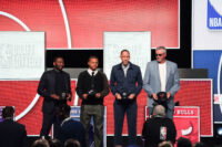 May 10, 2026; Chicago, IL, USA; Washington Wizards former player John Wall, Utah Jazz former player Keynote George, Memphis Grizzlies former player Tayshaun Prince and Chicago Bulls former player Toni Kukoc pose for a photo during the 2026 NBA Draft Lottery at Navy Pier. Mandatory Credit: David Banks-Imagn Images