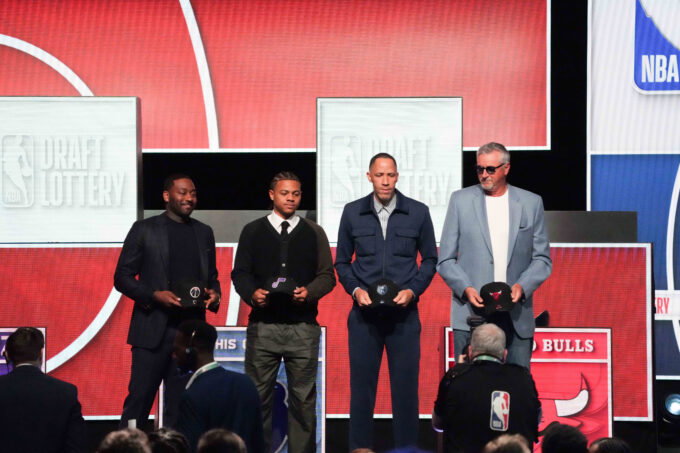 May 10, 2026; Chicago, IL, USA; Washington Wizards former player John Wall, Utah Jazz former player Keynote George, Memphis Grizzlies former player Tayshaun Prince and Chicago Bulls former player Toni Kukoc pose for a photo during the 2026 NBA Draft Lottery at Navy Pier. Mandatory Credit: David Banks-Imagn Images