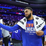 May 10, 2026; Philadelphia, Pennsylvania, USA; New York Knicks center Karl-Anthony Towns (32) reacts after game four of the second round of the 2026 NBA Playoffs against the Philadelphia 76ers at Xfinity Mobile Arena. Mandatory Credit: Kyle Ross-Imagn Images