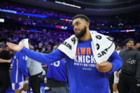 May 10, 2026; Philadelphia, Pennsylvania, USA; New York Knicks center Karl-Anthony Towns (32) reacts after game four of the second round of the 2026 NBA Playoffs against the Philadelphia 76ers at Xfinity Mobile Arena. Mandatory Credit: Kyle Ross-Imagn Images