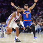 May 10, 2026; Philadelphia, Pennsylvania, USA; Philadelphia 76ers guard Tyrese Maxey (0) drives with the ball against the New York Knicks in the third quarter during game four of the second round of the 2026 NBA Playoffs at Xfinity Mobile Arena. Mandatory Credit: Kyle Ross-Imagn Images