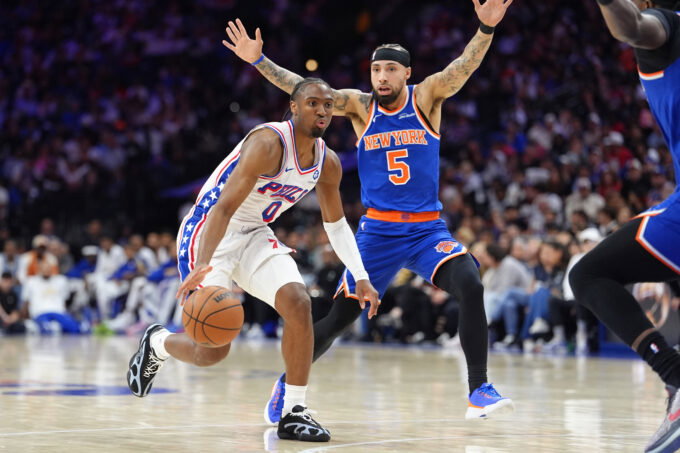 May 10, 2026; Philadelphia, Pennsylvania, USA; Philadelphia 76ers guard Tyrese Maxey (0) drives with the ball against the New York Knicks in the third quarter during game four of the second round of the 2026 NBA Playoffs at Xfinity Mobile Arena. Mandatory Credit: Kyle Ross-Imagn Images