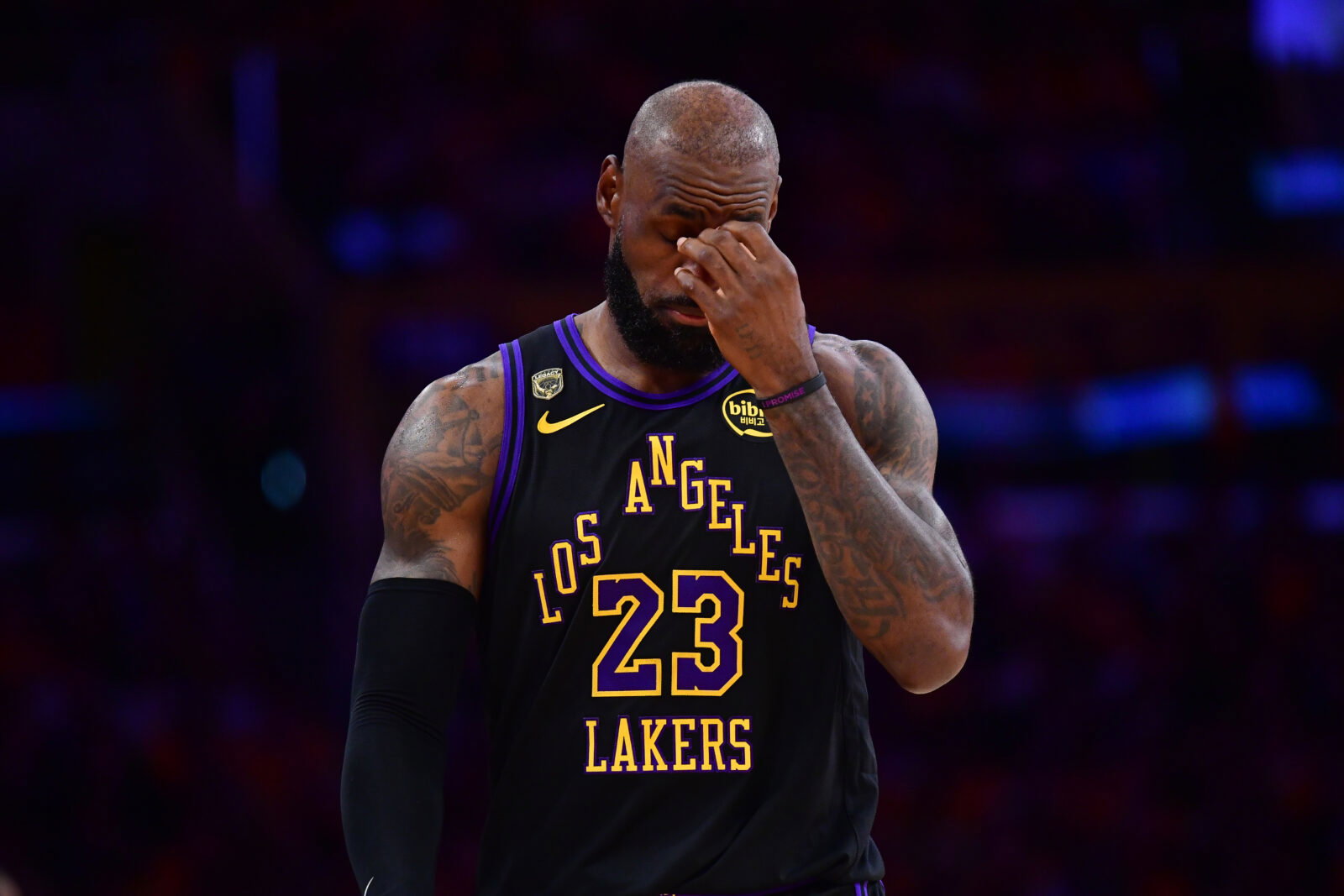 May 11, 2026; Los Angeles, California, USA; Los Angeles Lakers forward LeBron James (23) during the first half in game four of the second round of the 2026 NBA Playoffs at Crypto.com Arena. Mandatory Credit: Gary A. Vasquez-Imagn Images