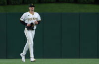 May 13, 2026; Pittsburgh, Pennsylvania, USA; Pittsburgh Pirates relief pitcher Brandan Bidois (77) jogs in from the bullpen to make his major league debut against the Colorado Rockies during the eighth inning at PNC Park. Mandatory Credit: Charles LeClaire-Imagn Images