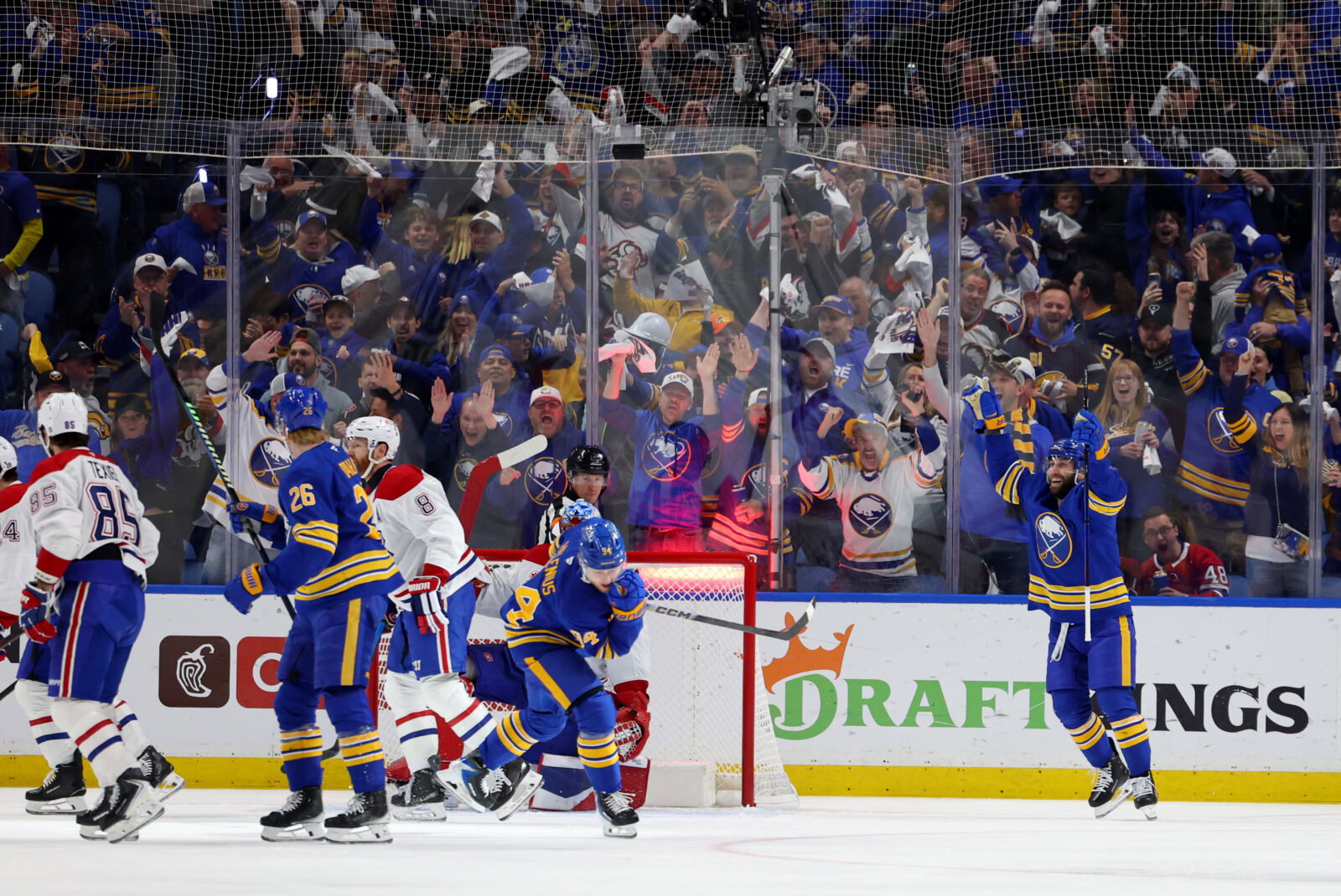 May 14, 2026; Buffalo, New York, USA; Buffalo Sabres left wing Jason Zucker (17) reacts after scoring a goal during the first period against the Montréal Canadiens in game five of the second round of the 2026 Stanley Cup Playoffs at KeyBank Center. Mandatory Credit: Timothy T. Ludwig-Imagn Images