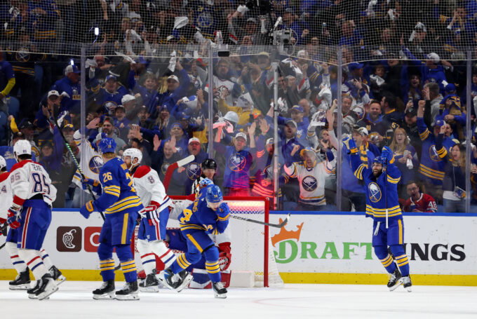 May 14, 2026; Buffalo, New York, USA; Buffalo Sabres left wing Jason Zucker (17) reacts after scoring a goal during the first period against the Montréal Canadiens in game five of the second round of the 2026 Stanley Cup Playoffs at KeyBank Center. Mandatory Credit: Timothy T. Ludwig-Imagn Images