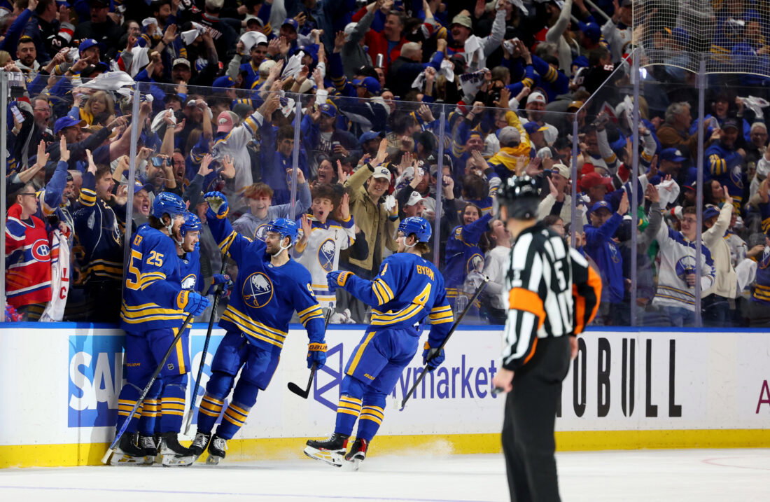 May 14, 2026; Buffalo, New York, USA; Buffalo Sabres right wing Josh Doan (91) celebrates his goal with teammates during the first period against the Montréal Canadiens in game five of the second round of the 2026 Stanley Cup Playoffs at KeyBank Center. Mandatory Credit: Timothy T. Ludwig-Imagn Images