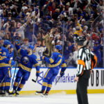 May 14, 2026; Buffalo, New York, USA; Buffalo Sabres right wing Josh Doan (91) celebrates his goal with teammates during the first period against the Montréal Canadiens in game five of the second round of the 2026 Stanley Cup Playoffs at KeyBank Center. Mandatory Credit: Timothy T. Ludwig-Imagn Images