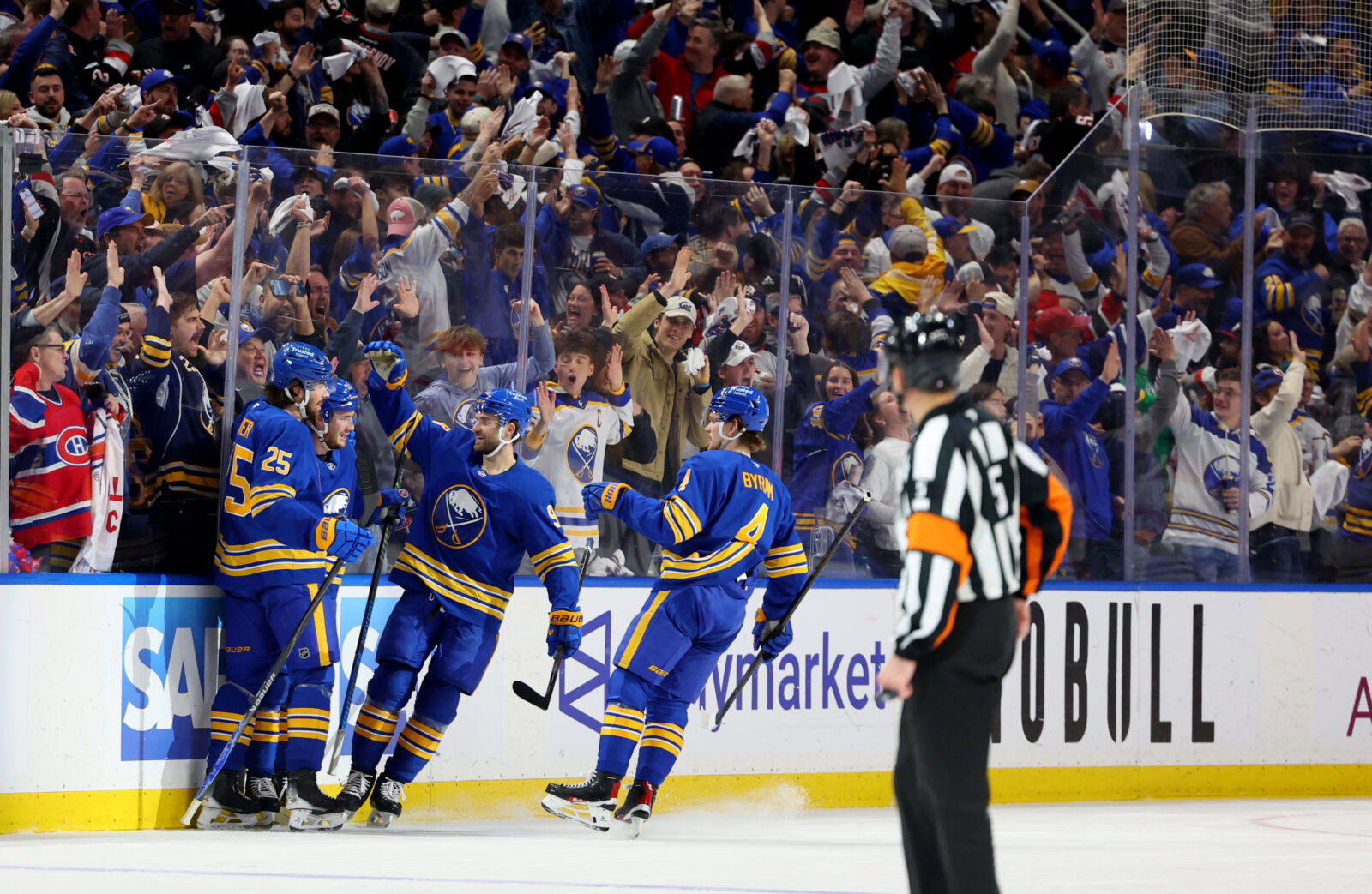 May 14, 2026; Buffalo, New York, USA; Buffalo Sabres right wing Josh Doan (91) celebrates his goal with teammates during the first period against the Montréal Canadiens in game five of the second round of the 2026 Stanley Cup Playoffs at KeyBank Center. Mandatory Credit: Timothy T. Ludwig-Imagn Images