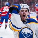May 16, 2026; Montreal, Quebec, CAN; Buffalo Sabres left wing Zach Benson (6) reacts after scoring a goal against the Montreal Canadiens during the second period in game six of the second round of the 2026 Stanley Cup Playoffs at Bell Centre. Mandatory Credit: David Kirouac-Imagn Images