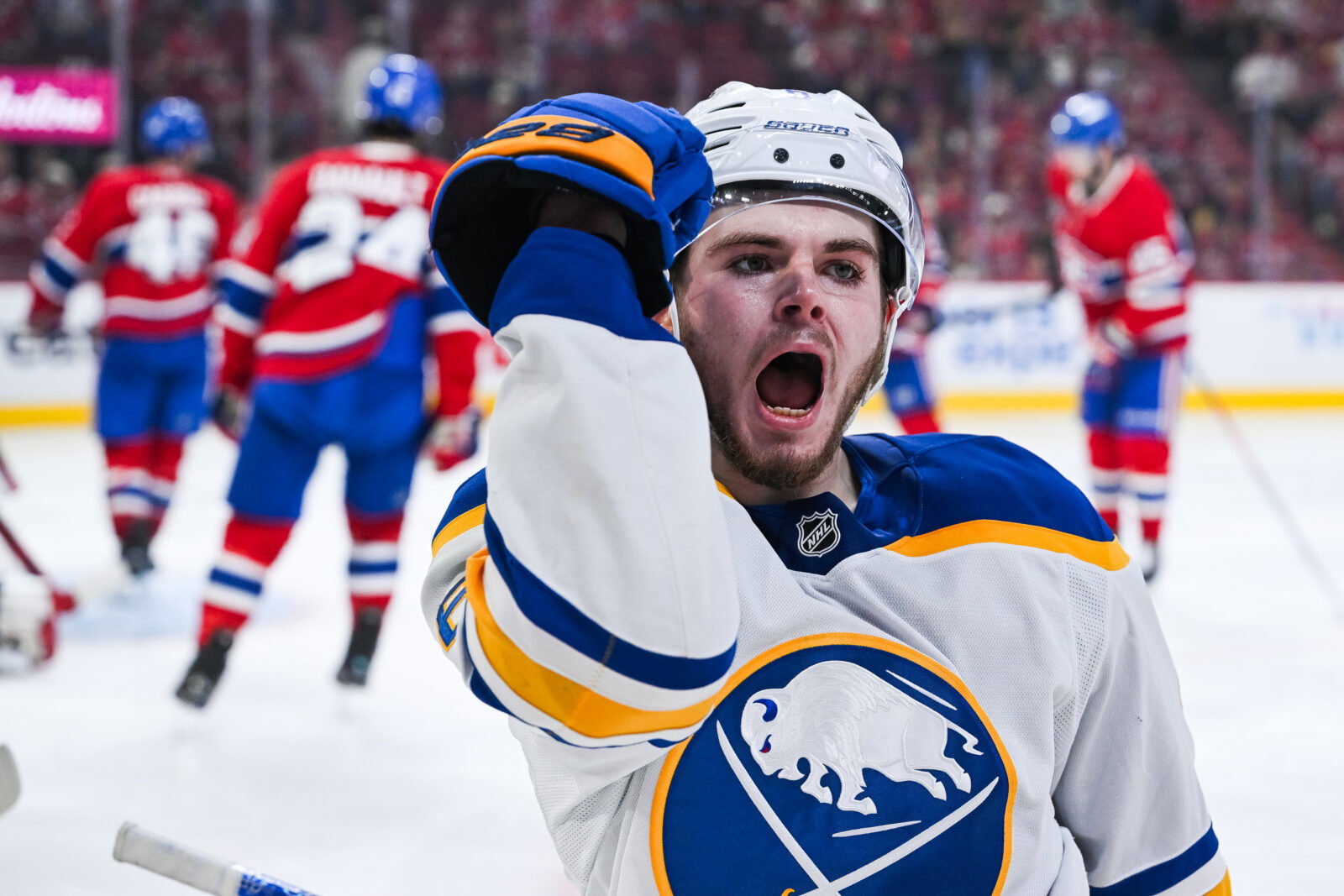 May 16, 2026; Montreal, Quebec, CAN; Buffalo Sabres left wing Zach Benson (6) reacts after scoring a goal against the Montreal Canadiens during the second period in game six of the second round of the 2026 Stanley Cup Playoffs at Bell Centre. Mandatory Credit: David Kirouac-Imagn Images