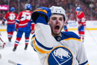 May 16, 2026; Montreal, Quebec, CAN; Buffalo Sabres left wing Zach Benson (6) reacts after scoring a goal against the Montreal Canadiens during the second period in game six of the second round of the 2026 Stanley Cup Playoffs at Bell Centre. Mandatory Credit: David Kirouac-Imagn Images