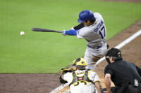 May 19, 2026; San Diego, California, USA; Los Angeles Dodgers designated hitter Shohei Ohtani (17) hits a double during the eighth inning against the San Diego Padres at Petco Park. Mandatory Credit: Denis Poroy-Imagn Images
