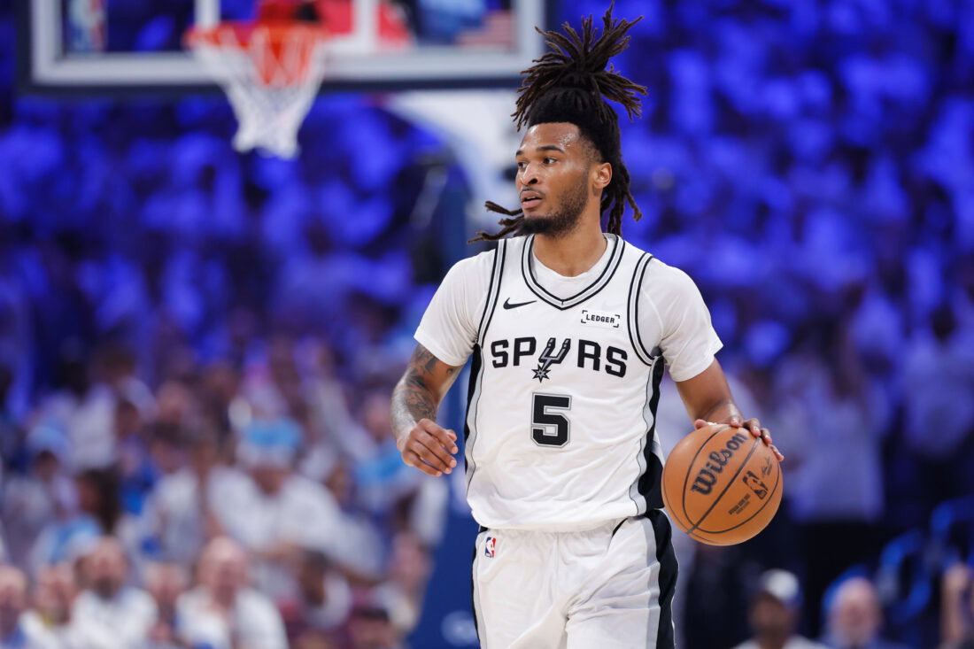 May 20, 2026; Oklahoma City, Oklahoma, USA; San Antonio Spurs guard Stephon Castle (5) looks to pass during the second quarter against the Oklahoma City Thunder during game two of the western conference finals for the 2026 NBA playoffs at Paycom Center. Mandatory Credit: Alonzo Adams-Imagn Images