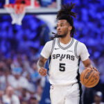 May 20, 2026; Oklahoma City, Oklahoma, USA; San Antonio Spurs guard Stephon Castle (5) looks to pass during the second quarter against the Oklahoma City Thunder during game two of the western conference finals for the 2026 NBA playoffs at Paycom Center. Mandatory Credit: Alonzo Adams-Imagn Images