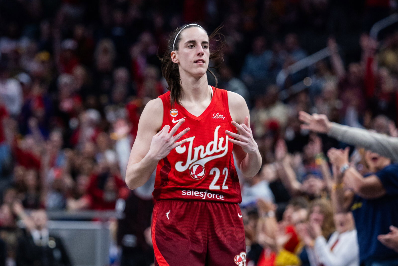May 22, 2026; Indianapolis, Indiana, USA; Indiana Fever guard Caitlin Clark (22) celebrates a made shot in the second half against the Golden State Valkyries at Gainbridge Fieldhouse. Mandatory Credit: Trevor Ruszkowski-Imagn Images