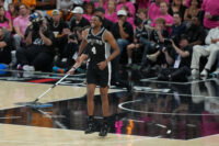 May 22, 2026; San Antonio, Texas, USA; San Antonio Spurs guard De'aaron Fox (4) reacts after an injury against the Oklahoma City Thunder in the second half during game three of the western conference finals for the 2026 NBA playoffs at Frost Bank Center. Mandatory Credit: Daniel Dunn-Imagn Images