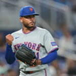 May 23, 2026; Miami, Florida, USA; New York Mets starting pitcher Freddy Peralta (51) reacts against the Miami Marlins during the fifth inning at loanDepot Park. Mandatory Credit: Sam Navarro-Imagn Images