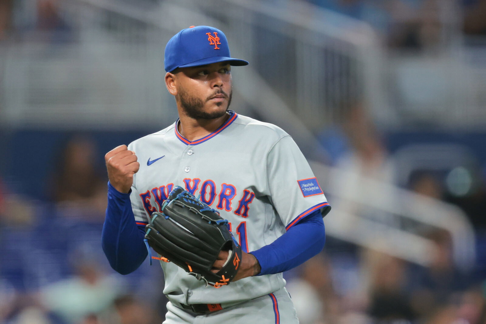 May 23, 2026; Miami, Florida, USA; New York Mets starting pitcher Freddy Peralta (51) reacts against the Miami Marlins during the fifth inning at loanDepot Park. Mandatory Credit: Sam Navarro-Imagn Images