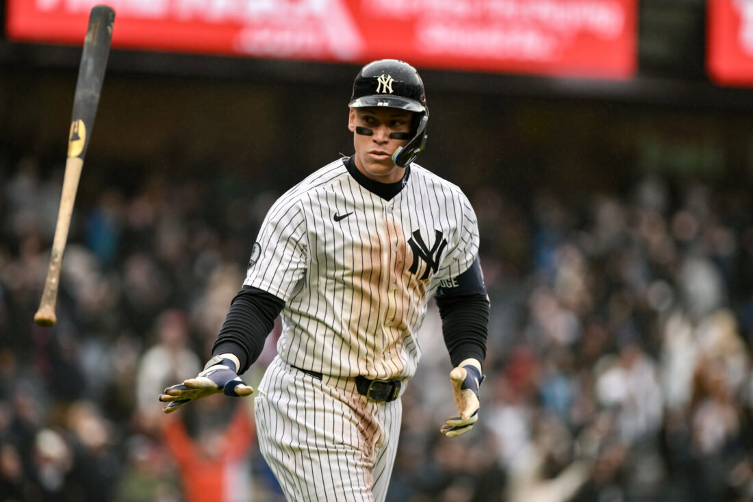 May 24, 2026; Bronx, New York, USA; New York Yankees right fielder Aaron Judge (99) reacts after hitting a walk off two run home run against the Tampa Bay Rays during the ninth inning at Yankee Stadium. Mandatory Credit: John Jones-Imagn Images