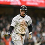 May 24, 2026; Bronx, New York, USA; New York Yankees right fielder Aaron Judge (99) reacts after hitting a walk off two run home run against the Tampa Bay Rays during the ninth inning at Yankee Stadium. Mandatory Credit: John Jones-Imagn Images