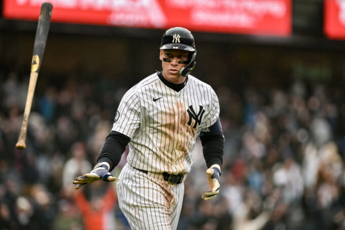 May 24, 2026; Bronx, New York, USA; New York Yankees right fielder Aaron Judge (99) reacts after hitting a walk off two run home run against the Tampa Bay Rays during the ninth inning at Yankee Stadium. Mandatory Credit: John Jones-Imagn Images