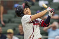 May 24, 2026; Cumberland, Georgia, USA; Atlanta Braves shortstop Ha-Seong Kim (7) loses his helmet as he strikes out against the Washington Nationals during the seventh inning at Truist Park. Mandatory Credit: Dale Zanine-Imagn Images