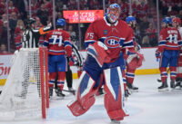 May 25, 2026; Montreal, Quebec, CAN; Montreal Canadiens goaltender Jakub Dobes (75) reacts after a collision during the second period against the Carolina Hurricanes in game three of the Eastern Conference Final of the 2026 Stanley Cup Playoffs at Bell Centre. Mandatory Credit: Eric Bolte-Imagn Images