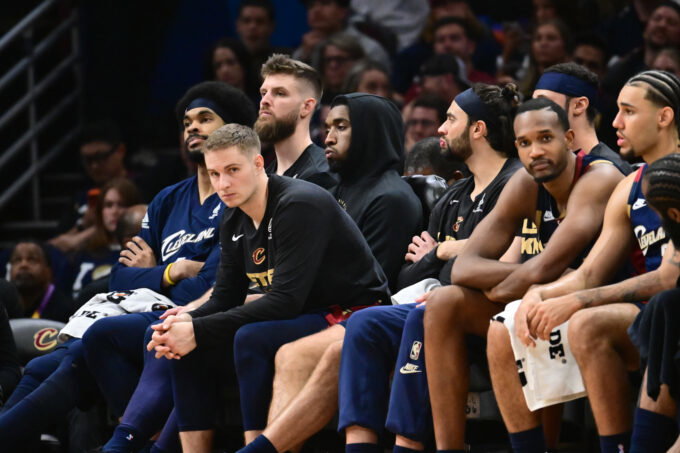 May 25, 2026; Cleveland, Ohio, USA; Cleveland Cavaliers bench looks on in the fourth quarter against the New York Knicks during game four of the eastern conference finals for the 2026 NBA playoffs at Rocket Arena.