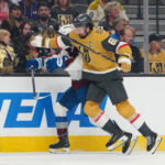 May 26, 2026; Las Vegas, Nevada, USA; Vegas Golden Knights right wing Mark Stone (61) checks Colorado Avalanche defenseman Devon Toews (7) during the first period in game four of the Western Conference Final of the 2026 Stanley Cup Playoffs at T-Mobile Arena. Mandatory Credit: Stephen R. Sylvanie-Imagn Images