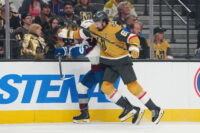 May 26, 2026; Las Vegas, Nevada, USA; Vegas Golden Knights right wing Mark Stone (61) checks Colorado Avalanche defenseman Devon Toews (7) during the first period in game four of the Western Conference Final of the 2026 Stanley Cup Playoffs at T-Mobile Arena. Mandatory Credit: Stephen R. Sylvanie-Imagn Images
