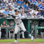May 27, 2026; Kansas City, Missouri, USA; New York Yankees right fielder Aaron Judge (99) at bat against the Kansas City Royals during the first inning at Kauffman Stadium. Mandatory Credit: Denny Medley-Imagn Images