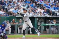 May 27, 2026; Kansas City, Missouri, USA; New York Yankees right fielder Aaron Judge (99) at bat against the Kansas City Royals during the first inning at Kauffman Stadium. Mandatory Credit: Denny Medley-Imagn Images