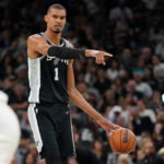 May 28, 2026; San Antonio, Texas, USA; San Antonio Spurs forward Victor Wembanyama (1) dribbles the ball against the Oklahoma City Thunder in the first half during game six of the western conference finals for the 2026 NBA playoffs at Frost Bank Center. Mandatory Credit: Dustin Safranek-Imagn Images