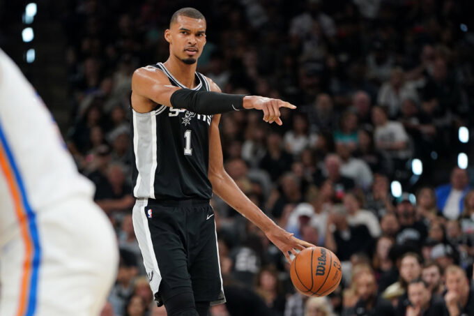 May 28, 2026; San Antonio, Texas, USA; San Antonio Spurs forward Victor Wembanyama (1) dribbles the ball against the Oklahoma City Thunder in the first half during game six of the western conference finals for the 2026 NBA playoffs at Frost Bank Center. Mandatory Credit: Dustin Safranek-Imagn Images