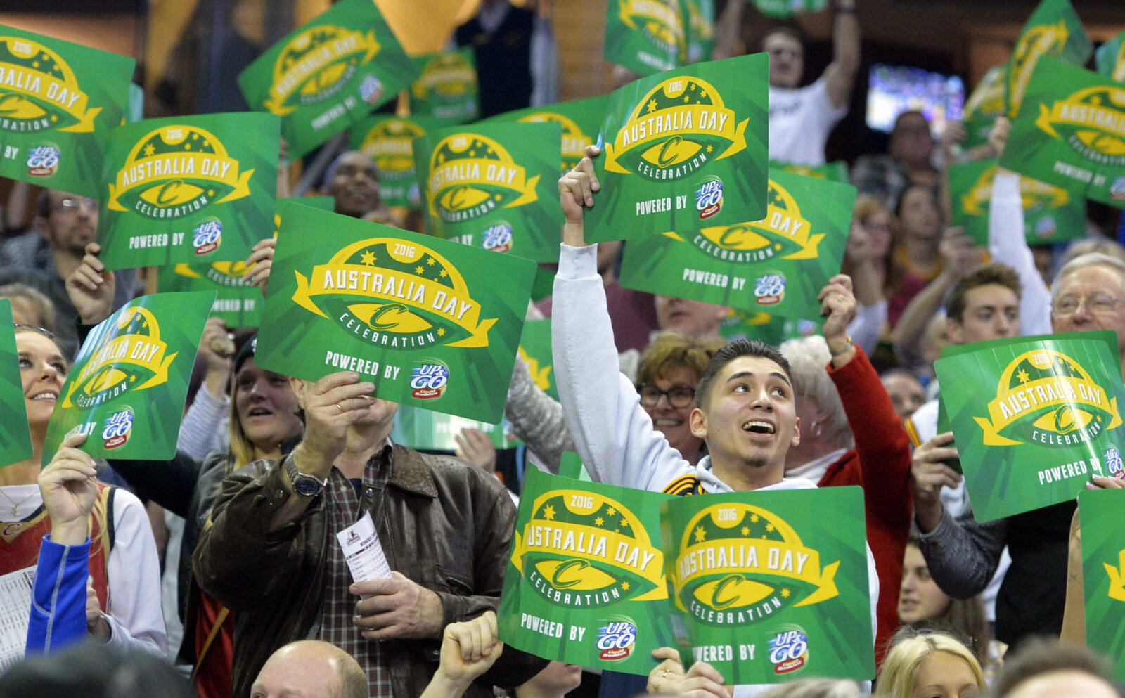 Jan 25, 2016; Cleveland, OH, USA; Fans hold up signs during the Australia Day game between the Cleveland Cavaliers and the Minnesota Timberwolves at Quicken Loans Arena. Mandatory Credit: David Richard-USA TODAY Sports