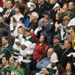 Apr 24, 2016; Saint Paul, MN, USA; Minnesota Wild fans "go crazy" to Prince's hit song "Let's Go Crazy" each time the Wild score one of four goals during the third period Minnesota Wild Dallas Starsin game six of the first round of the 2016 Stanley Cup Playoffs at Xcel Energy Center. The Stars win 5-4 over the Wild. Mandatory Credit: Marilyn Indahl-USA TODAY Sports