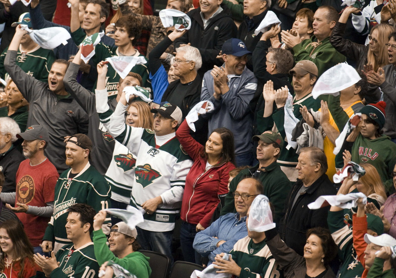 Apr 24, 2016; Saint Paul, MN, USA; Minnesota Wild fans "go crazy" to Prince's hit song "Let's Go Crazy" each time the Wild score one of four goals during the third period Minnesota Wild Dallas Starsin game six of the first round of the 2016 Stanley Cup Playoffs at Xcel Energy Center. The Stars win 5-4 over the Wild. Mandatory Credit: Marilyn Indahl-USA TODAY Sports