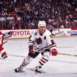 Unknown Date, 1992; Chicago, IL, USA; FILE PHOTO; Chicago Blackhawks right wing Steve Larmer (28) in action against the Detroit Red Wings at Chicago Stadium. Mandatory Credit: Lou Capozzola-USA TODAY NETWORK