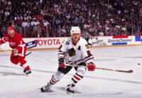 Unknown Date, 1992; Chicago, IL, USA; FILE PHOTO; Chicago Blackhawks right wing Steve Larmer (28) in action against the Detroit Red Wings at Chicago Stadium. Mandatory Credit: Lou Capozzola-USA TODAY NETWORK