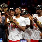Jun 13, 2019; Oakland, CA, USA; Toronto Raptors forward Kawhi Leonard (2) celebrates with the Larry O'Brien Trophy after the Golden State Warriors in game six of the 2019 NBA Finals at Oracle Arena. Mandatory Credit: Kyle Terada-USA TODAY Sports