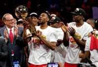 Jun 13, 2019; Oakland, CA, USA; Toronto Raptors forward Kawhi Leonard (2) celebrates with the Larry O'Brien Trophy after the Golden State Warriors in game six of the 2019 NBA Finals at Oracle Arena. Mandatory Credit: Kyle Terada-USA TODAY Sports