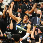 Jul 20, 2021; Milwaukee, Wisconsin, USA; Milwaukee Bucks forward Giannis Antetokounmpo (34) celebrates after game six of the 2021 NBA Finals against the Phoenix Suns at Fiserv Forum. Mandatory Credit: Mark J. Rebilas-USA TODAY Sports