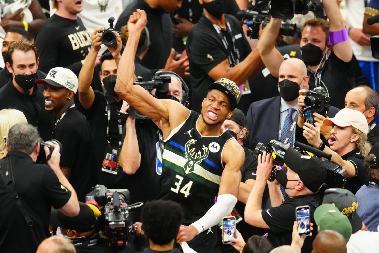 Jul 20, 2021; Milwaukee, Wisconsin, USA; Milwaukee Bucks forward Giannis Antetokounmpo (34) celebrates after game six of the 2021 NBA Finals against the Phoenix Suns at Fiserv Forum. Mandatory Credit: Mark J. Rebilas-USA TODAY Sports