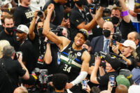 Jul 20, 2021; Milwaukee, Wisconsin, USA; Milwaukee Bucks forward Giannis Antetokounmpo (34) celebrates after game six of the 2021 NBA Finals against the Phoenix Suns at Fiserv Forum. Mandatory Credit: Mark J. Rebilas-USA TODAY Sports