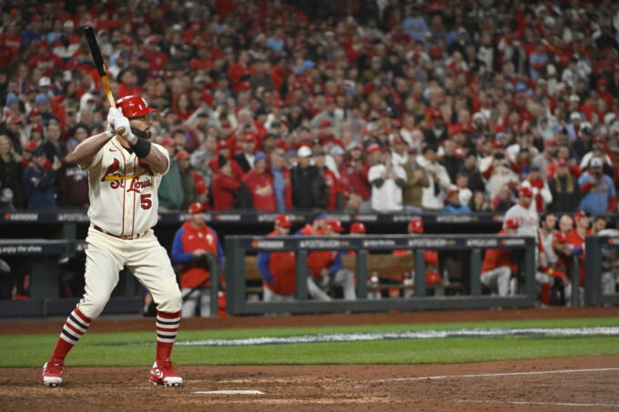 Oct 8, 2022; St. Louis, Missouri, USA; St. Louis Cardinals designated hitter Albert Pujols (5) awaits a pitch in the eighth inning against the Philadelphia Phillies during game two of the Wild Card series for the 2022 MLB Playoffs at Busch Stadium. Mandatory Credit: Jeff Curry-USA TODAY Sports