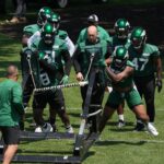 Florham Park, NJ May 31, 2023 -- The Jets defense on the tackling sled during the Jets OTA. Mandatory Credit: Chris Pedota, NorthJersey.com / USA TODAY NETWORK
