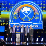 Jun 28, 2024; Las Vegas, Nevada, USA; Konsta Helenius is selected by the Buffalo Sabres with the 14th overall pick in the first round of the 2024 NHL Draft at The Sphere. Mandatory Credit: Stephen R. Sylvanie-USA TODAY Sports